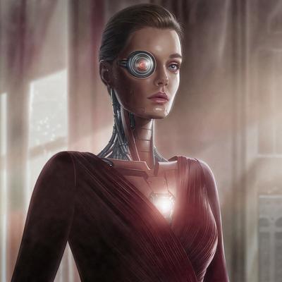 The primary subject of the image is a woman wearing a futuristic outfit, which includes a red dress and a robotic-like headpiece. She is standing in a room with a window, and the visual style of the image is digital art. The colors in the image are predominantly red, which adds a bold and striking element to the scene. The overall atmosphere of the image is one of futuristic and technological innovation.